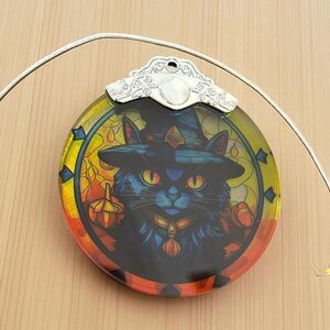 Black Cat with Witch Hat Stained Glass Christmas Ornament Holiday Decoration